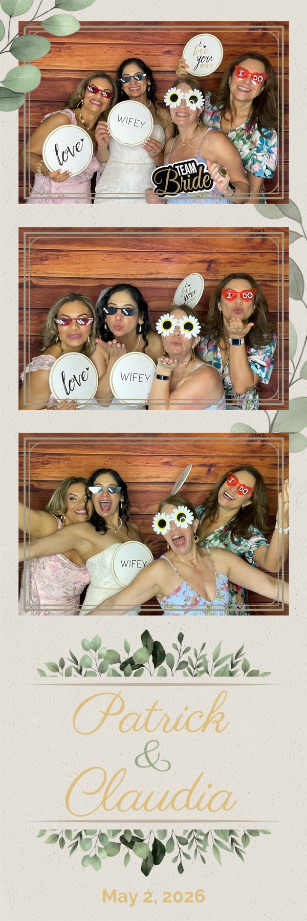 Bride and friends with props at Patrick and Claudia's wedding